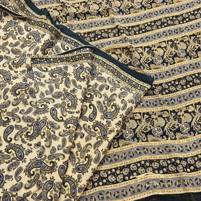 Indian Vintage Sari Beige & Black Printed 100% Pure Cotton Sarees Craft Fabric 5Yard Sewing Sarong Wrap Boho Dress making Quilting Soft