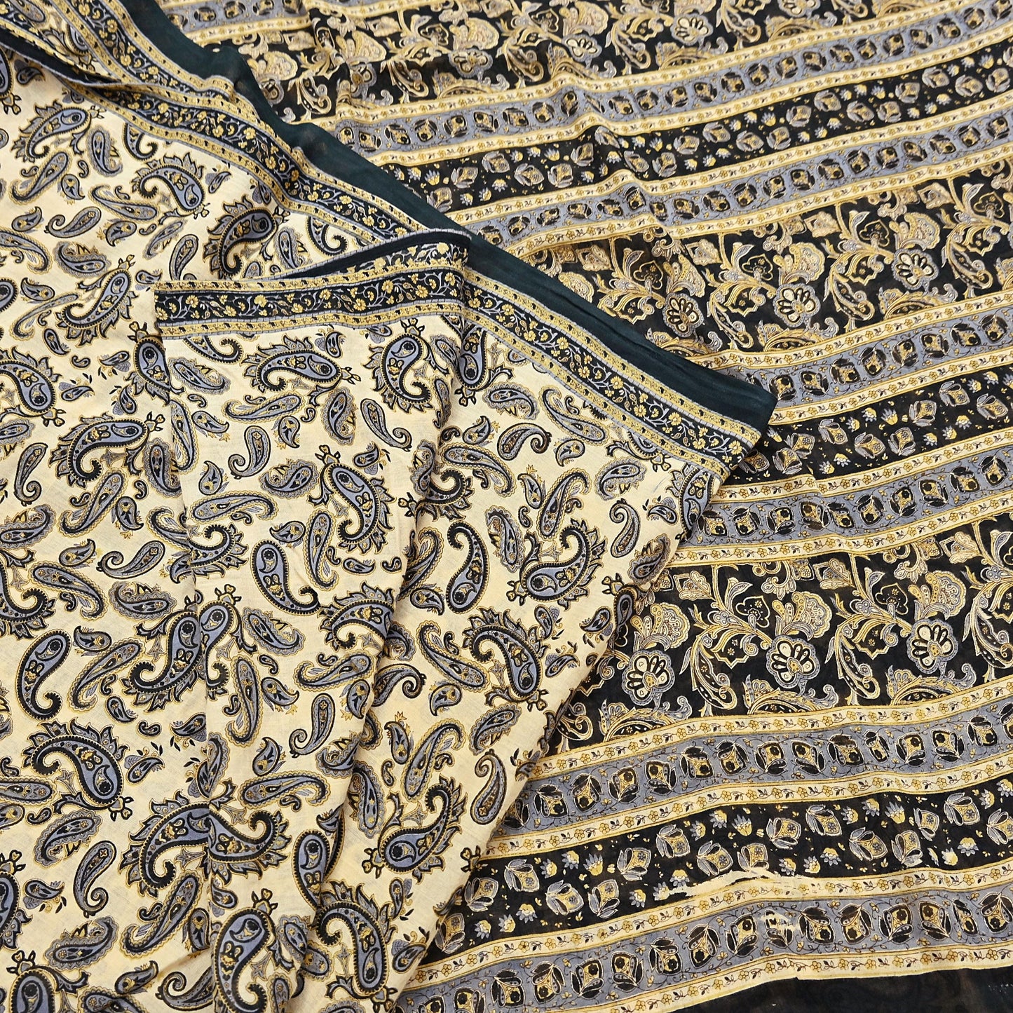 Indian Vintage Sari Beige & Black Printed 100% Pure Cotton Sarees Craft Fabric 5Yard Sewing Sarong Wrap Boho Dress making Quilting Soft