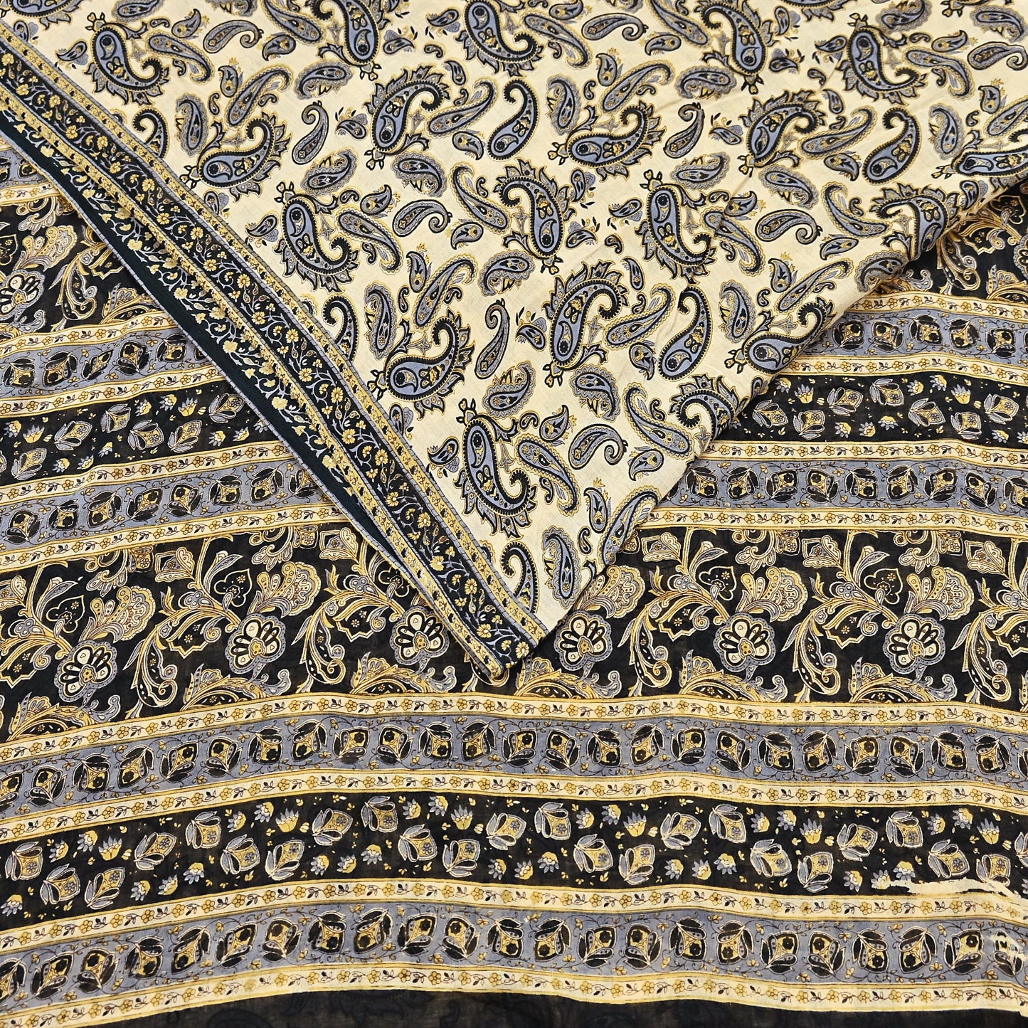 Indian Vintage Sari Beige & Black Printed 100% Pure Cotton Sarees Craft Fabric 5Yard Sewing Sarong Wrap Boho Dress making Quilting Soft