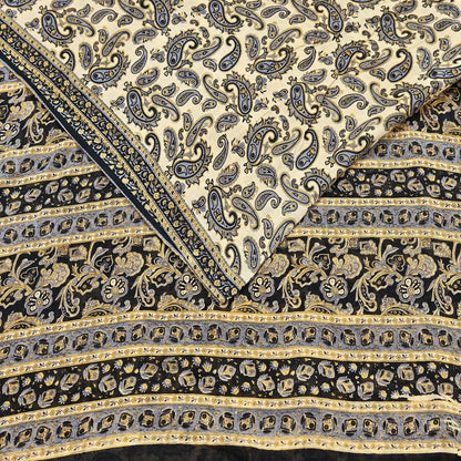 Indian Vintage Sari Beige & Black Printed 100% Pure Cotton Sarees Craft Fabric 5Yard Sewing Sarong Wrap Boho Dress making Quilting Soft