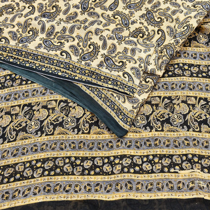 Indian Vintage Sari Beige & Black Printed 100% Pure Cotton Sarees Craft Fabric 5Yard Sewing Sarong Wrap Boho Dress making Quilting Soft