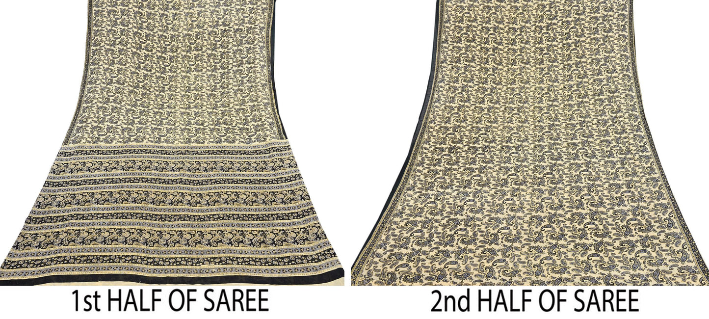 Indian Vintage Sari Beige & Black Printed 100% Pure Cotton Sarees Craft Fabric 5Yard Sewing Sarong Wrap Boho Dress making Quilting Soft