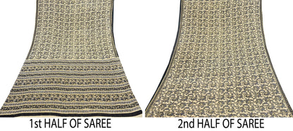Indian Vintage Sari Beige & Black Printed 100% Pure Cotton Sarees Craft Fabric 5Yard Sewing Sarong Wrap Boho Dress making Quilting Soft