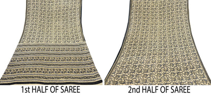 Indian Vintage Sari Beige & Black Printed 100% Pure Cotton Sarees Craft Fabric 5Yard Sewing Sarong Wrap Boho Dress making Quilting Soft