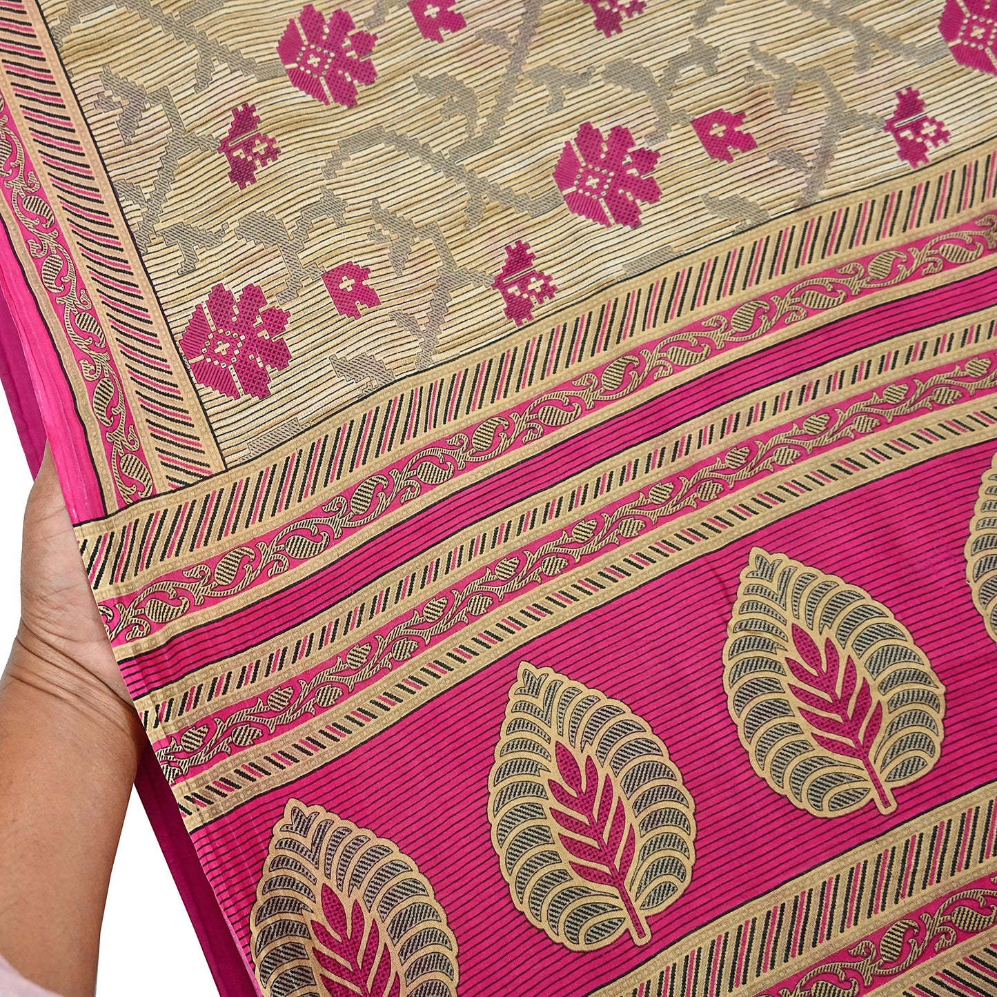 Indian Vintage Sari Pink & Beige Printed 100% Pure Cotton Sarees Craft Fabric 5Yd Soft Sewing Sarong Wrap Floral Boho Quilting Crafting Used
