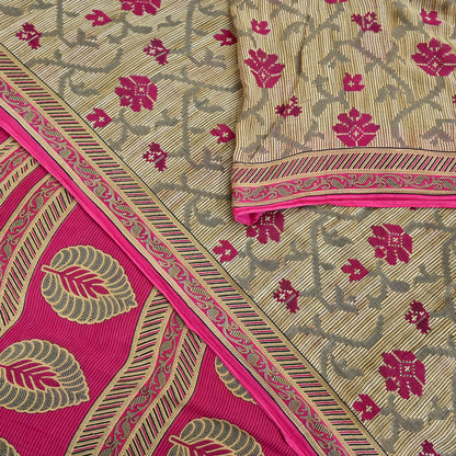 Indian Vintage Sari Pink & Beige Printed 100% Pure Cotton Sarees Craft Fabric 5Yd Soft Sewing Sarong Wrap Floral Boho Quilting Crafting Used