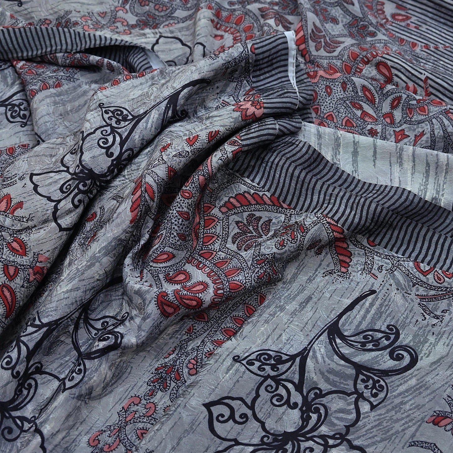 Indian Vintage Gray & Black Saree Pure Crepe Silk Printed Sari Craft Fabric 6yd Sewing Soft Wrap Dress making Crafting Quilting