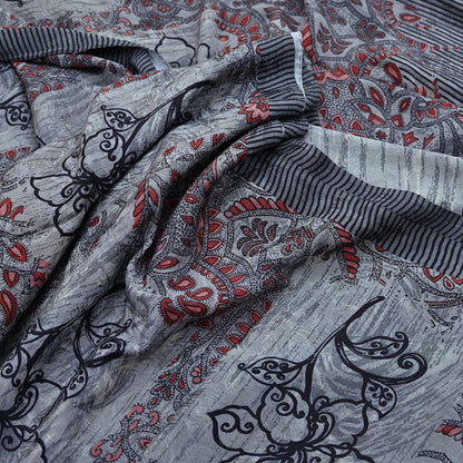Indian Vintage Gray & Black Saree Pure Crepe Silk Printed Sari Craft Fabric 6yd Sewing Soft Wrap Dress making Crafting Quilting
