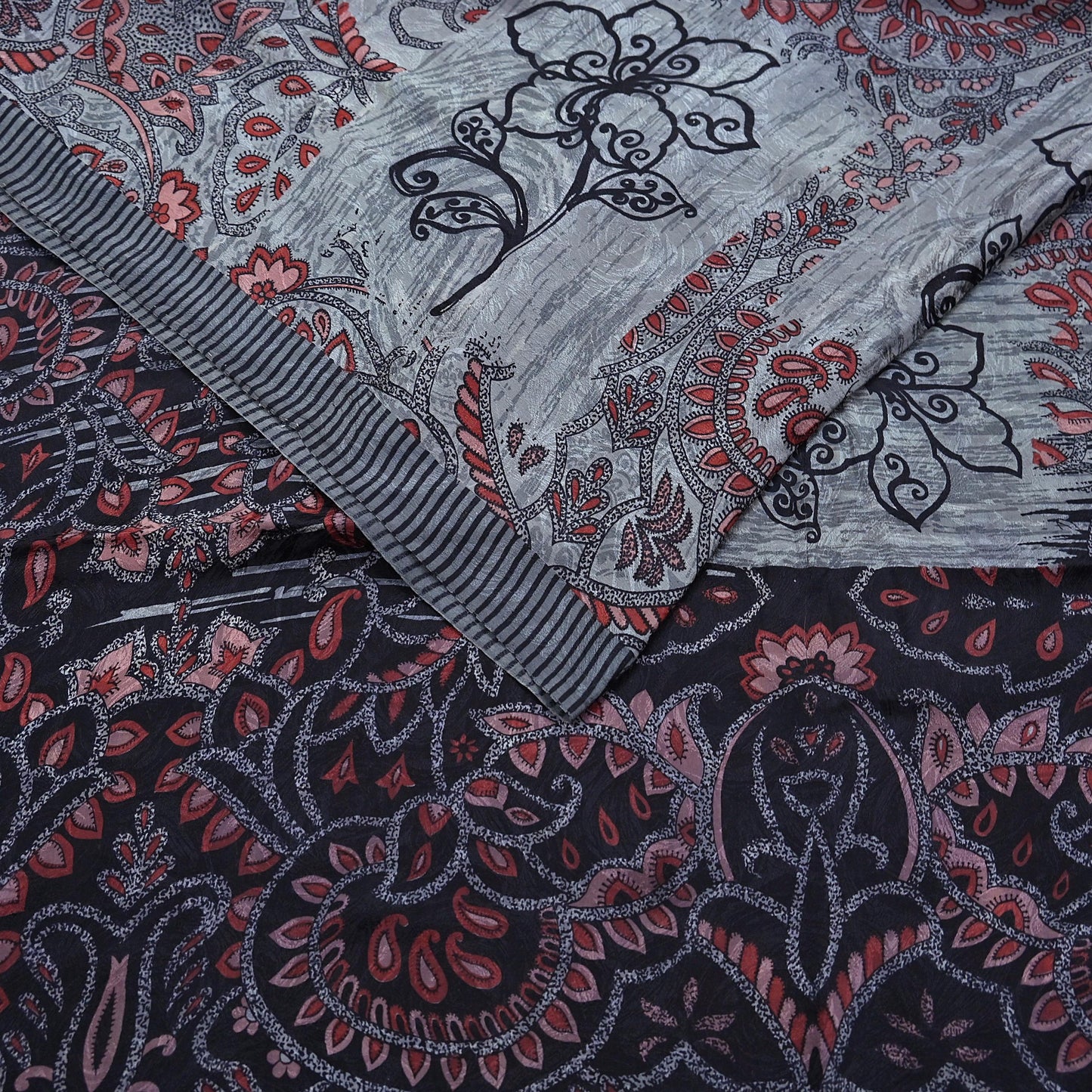 Indian Vintage Gray & Black Saree Pure Crepe Silk Printed Sari Craft Fabric 6yd Sewing Soft Wrap Dress making Crafting Quilting