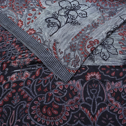 Indian Vintage Gray & Black Saree Pure Crepe Silk Printed Sari Craft Fabric 6yd Sewing Soft Wrap Dress making Crafting Quilting