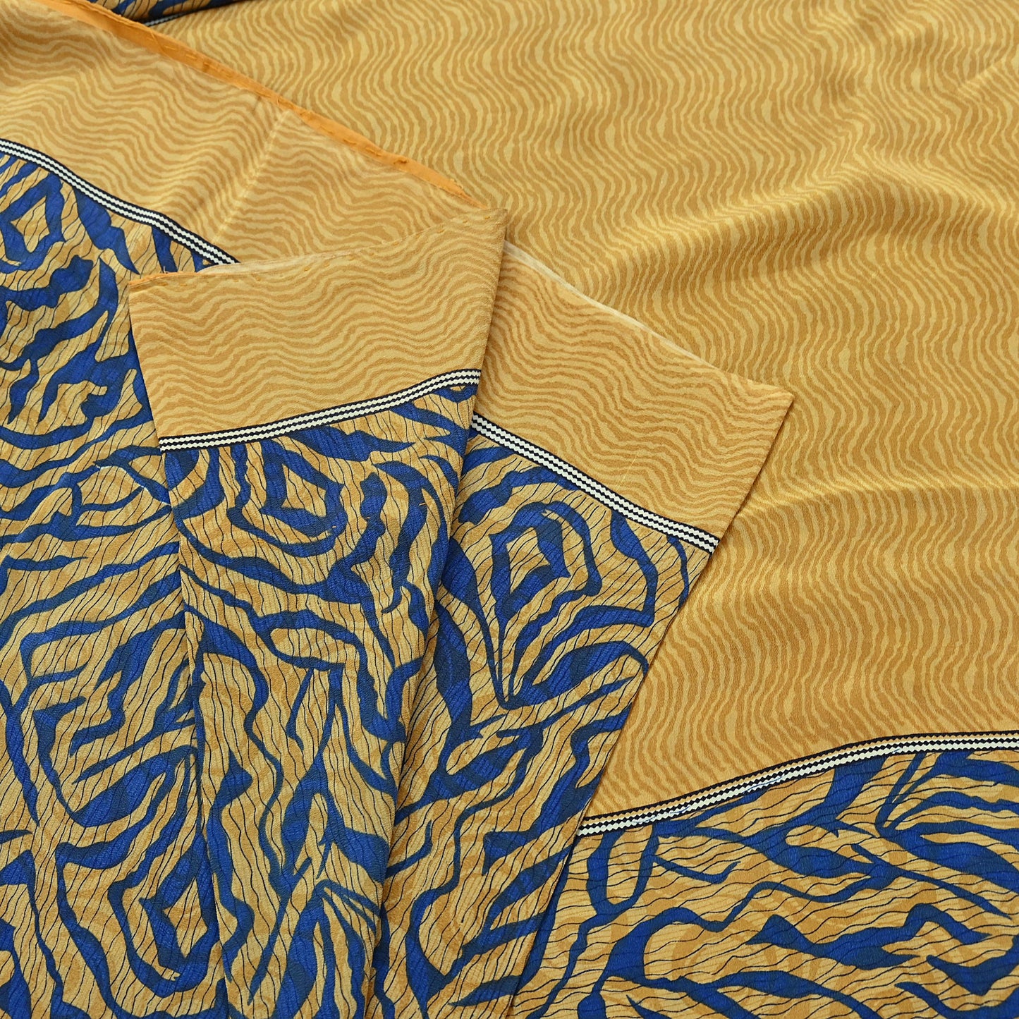 Indian Vintage Sari Mustard & Blue Pure Crepe Silk Printed Sarees 5yd Sewing Floral Soft Craft Fabric Wrap Dress making Crafting Quilting