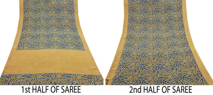 Indian Vintage Sari Mustard & Blue Pure Crepe Silk Printed Sarees 5yd Sewing Floral Soft Craft Fabric Wrap Dress making Crafting Quilting