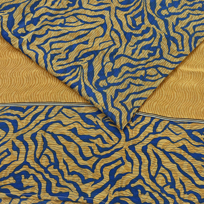 Indian Vintage Sari Mustard & Blue Pure Crepe Silk Printed Sarees 5yd Sewing Floral Soft Craft Fabric Wrap Dress making Crafting Quilting