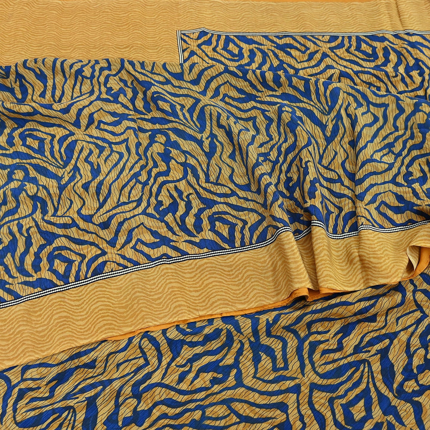 Indian Vintage Sari Mustard & Blue Pure Crepe Silk Printed Sarees 5yd Sewing Floral Soft Craft Fabric Wrap Dress making Crafting Quilting