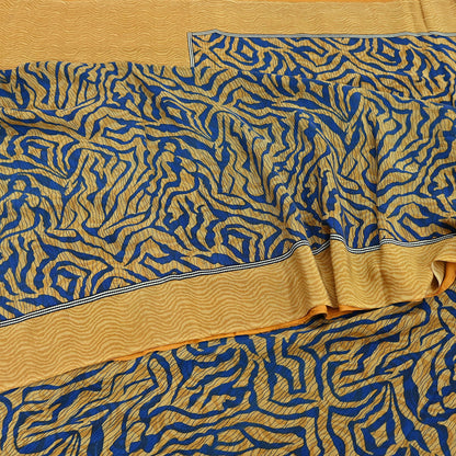 Indian Vintage Sari Mustard & Blue Pure Crepe Silk Printed Sarees 5yd Sewing Floral Soft Craft Fabric Wrap Dress making Crafting Quilting