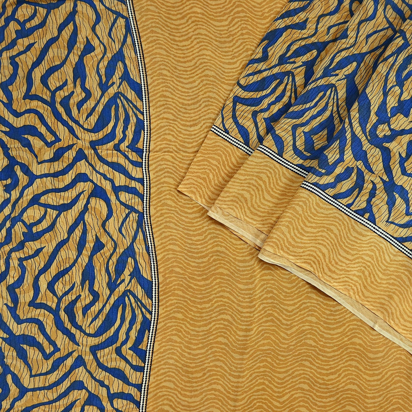 Indian Vintage Sari Mustard & Blue Pure Crepe Silk Printed Sarees 5yd Sewing Floral Soft Craft Fabric Wrap Dress making Crafting Quilting