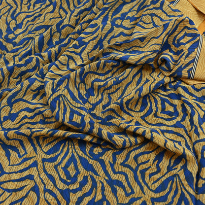 Indian Vintage Sari Mustard & Blue Pure Crepe Silk Printed Sarees 5yd Sewing Floral Soft Craft Fabric Wrap Dress making Crafting Quilting