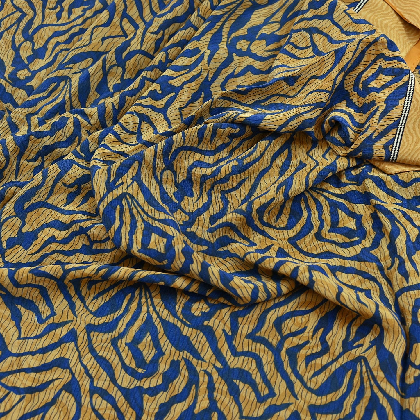 Indian Vintage Sari Mustard & Blue Pure Crepe Silk Printed Sarees 5yd Sewing Floral Soft Craft Fabric Wrap Dress making Crafting Quilting