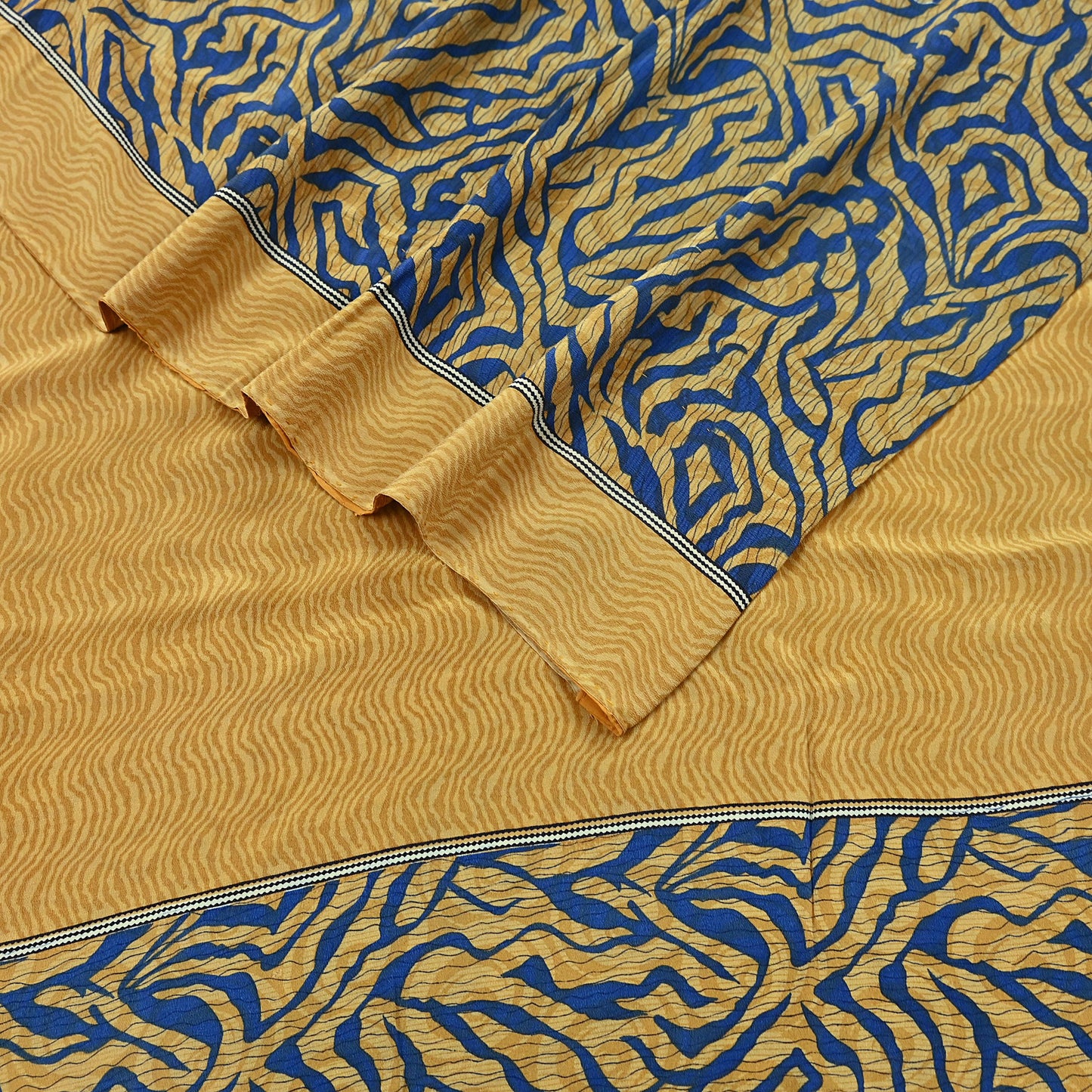 Indian Vintage Sari Mustard & Blue Pure Crepe Silk Printed Sarees 5yd Sewing Floral Soft Craft Fabric Wrap Dress making Crafting Quilting