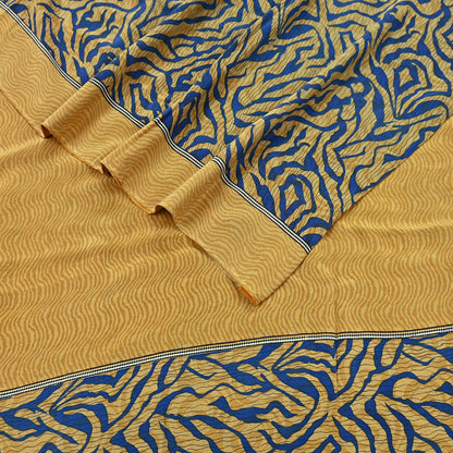 Indian Vintage Sari Mustard & Blue Pure Crepe Silk Printed Sarees 5yd Sewing Floral Soft Craft Fabric Wrap Dress making Crafting Quilting