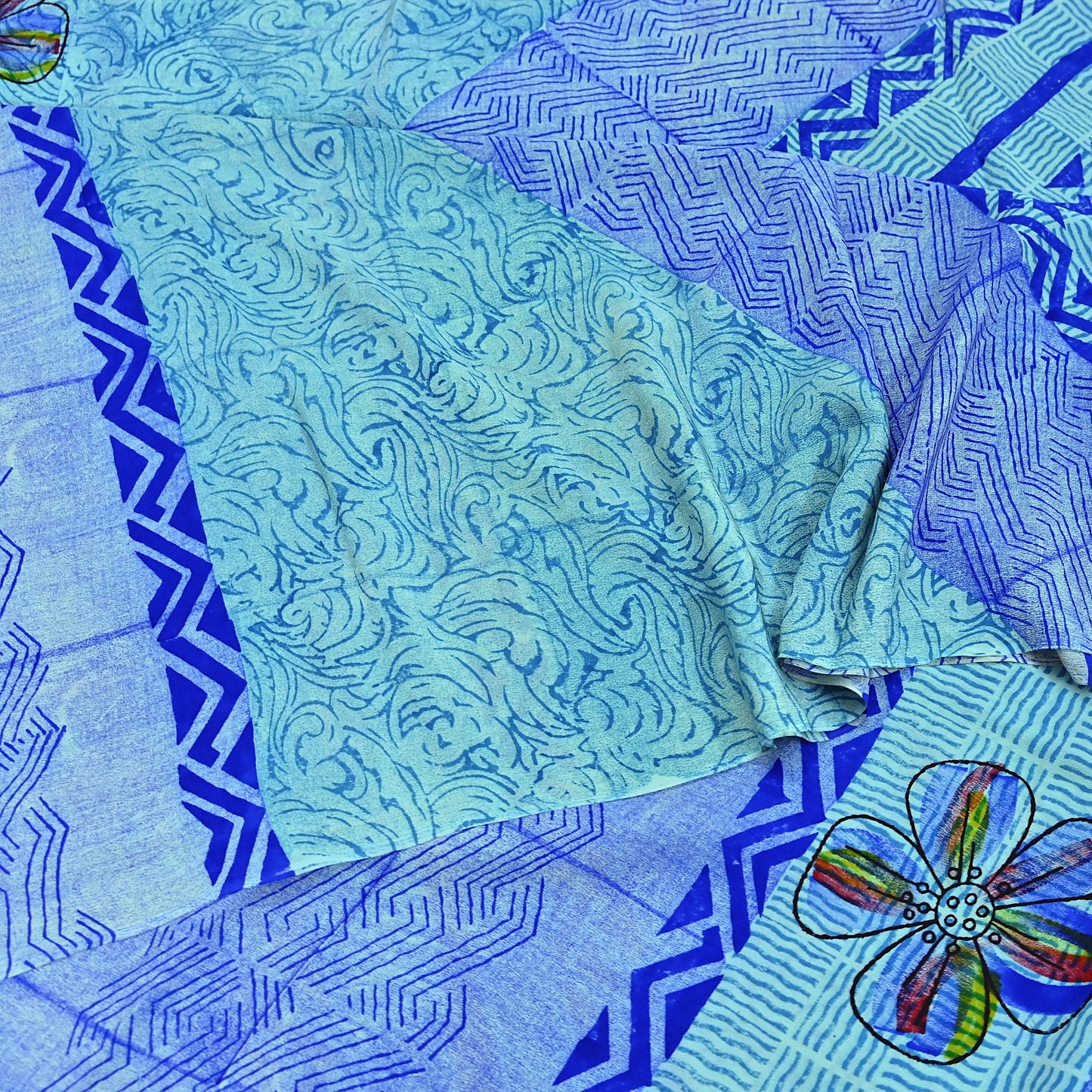 Indian Vintage Sari Green & Blue Pure Crepe Silk Printed Sarees 6yd Sewing Soft Craft Fabric Wrap Dress Making Crafting Quilting Upcycle