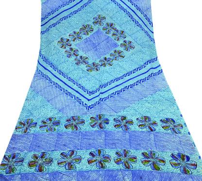 Indian Vintage Sari Green & Blue Pure Crepe Silk Printed Sarees 6yd Sewing Soft Craft Fabric Wrap Dress Making Crafting Quilting Upcycle