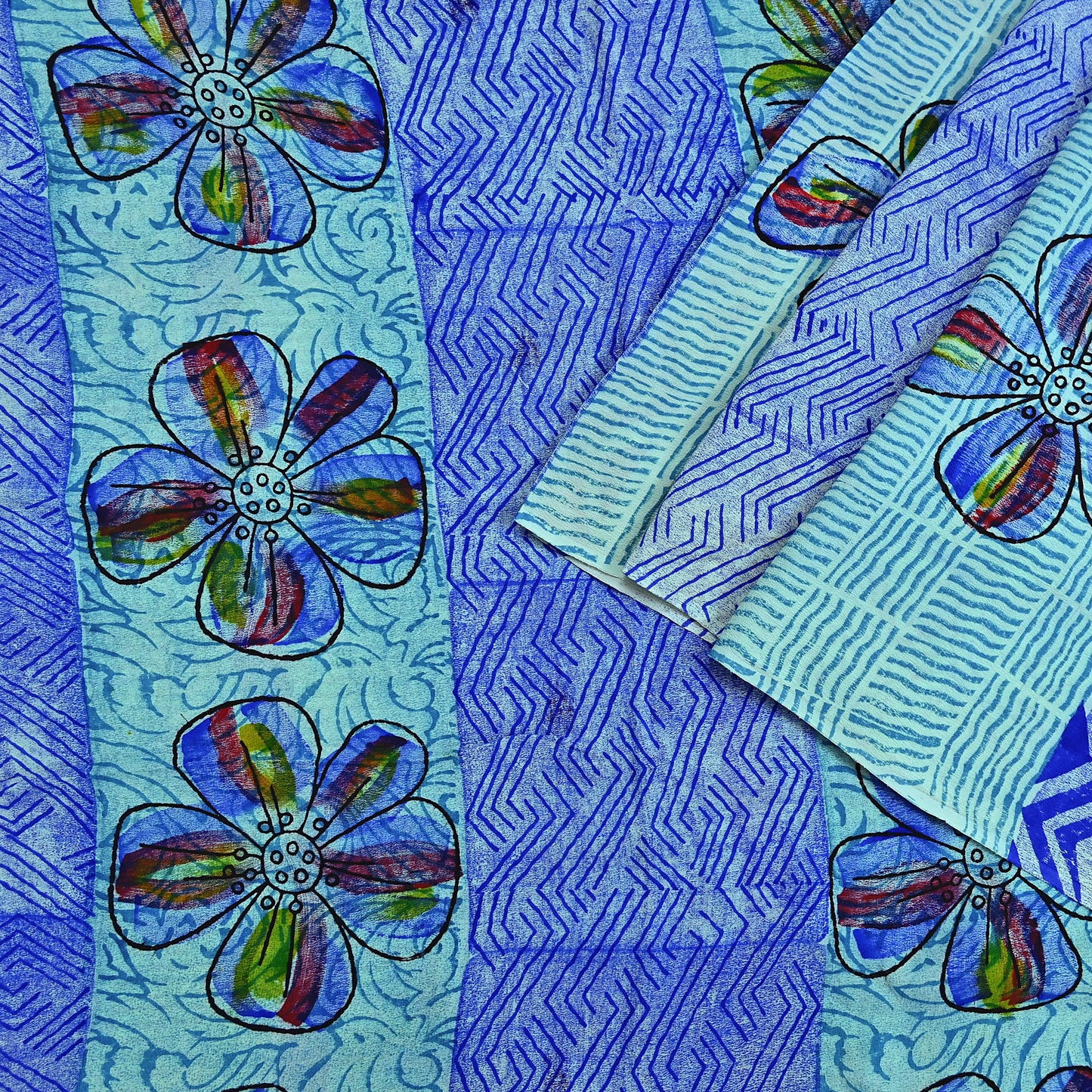 Indian Vintage Sari Green & Blue Pure Crepe Silk Printed Sarees 6yd Sewing Soft Craft Fabric Wrap Dress Making Crafting Quilting Upcycle