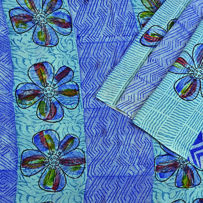 Indian Vintage Sari Green & Blue Pure Crepe Silk Printed Sarees 6yd Sewing Soft Craft Fabric Wrap Dress Making Crafting Quilting Upcycle