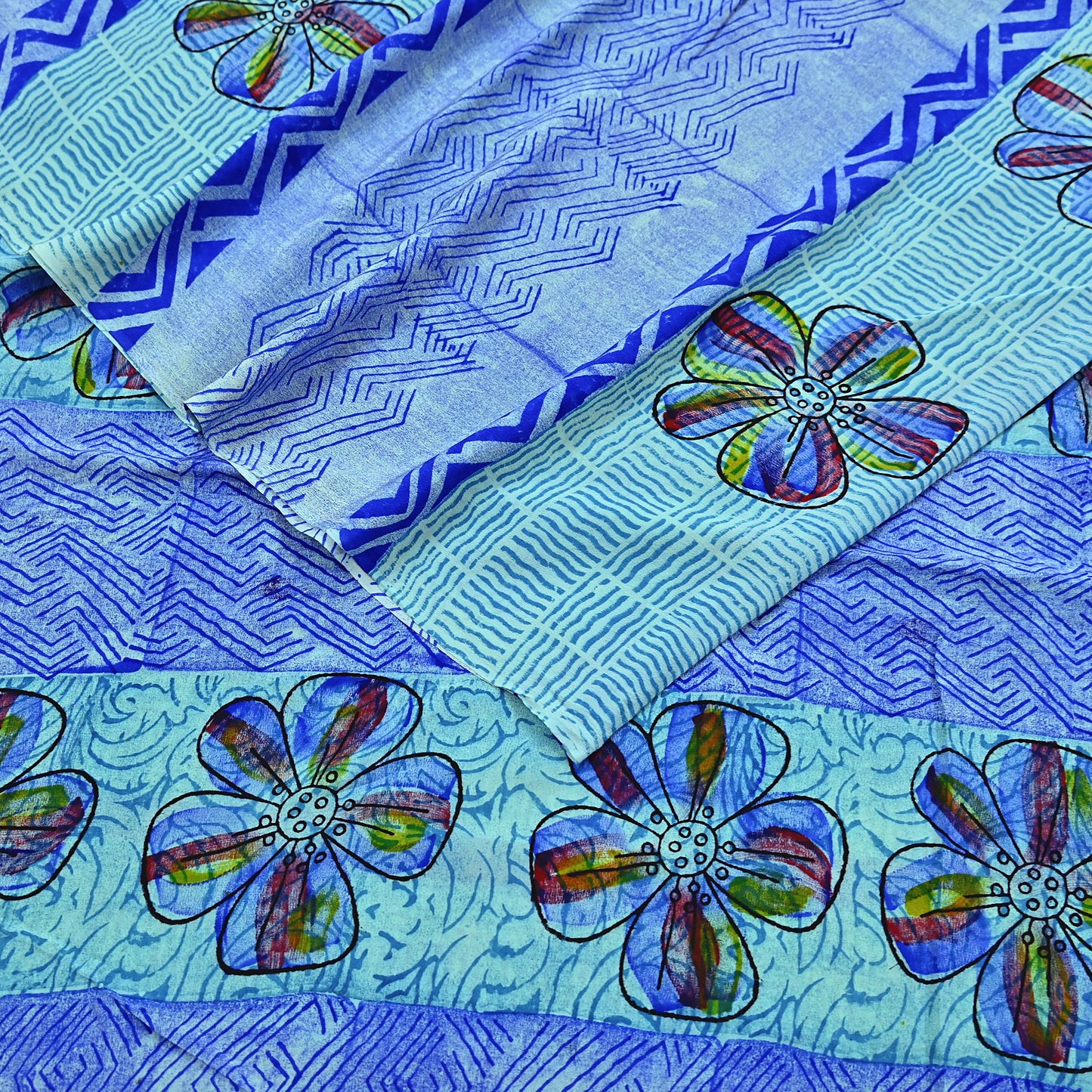 Indian Vintage Sari Green & Blue Pure Crepe Silk Printed Sarees 6yd Sewing Soft Craft Fabric Wrap Dress Making Crafting Quilting Upcycle