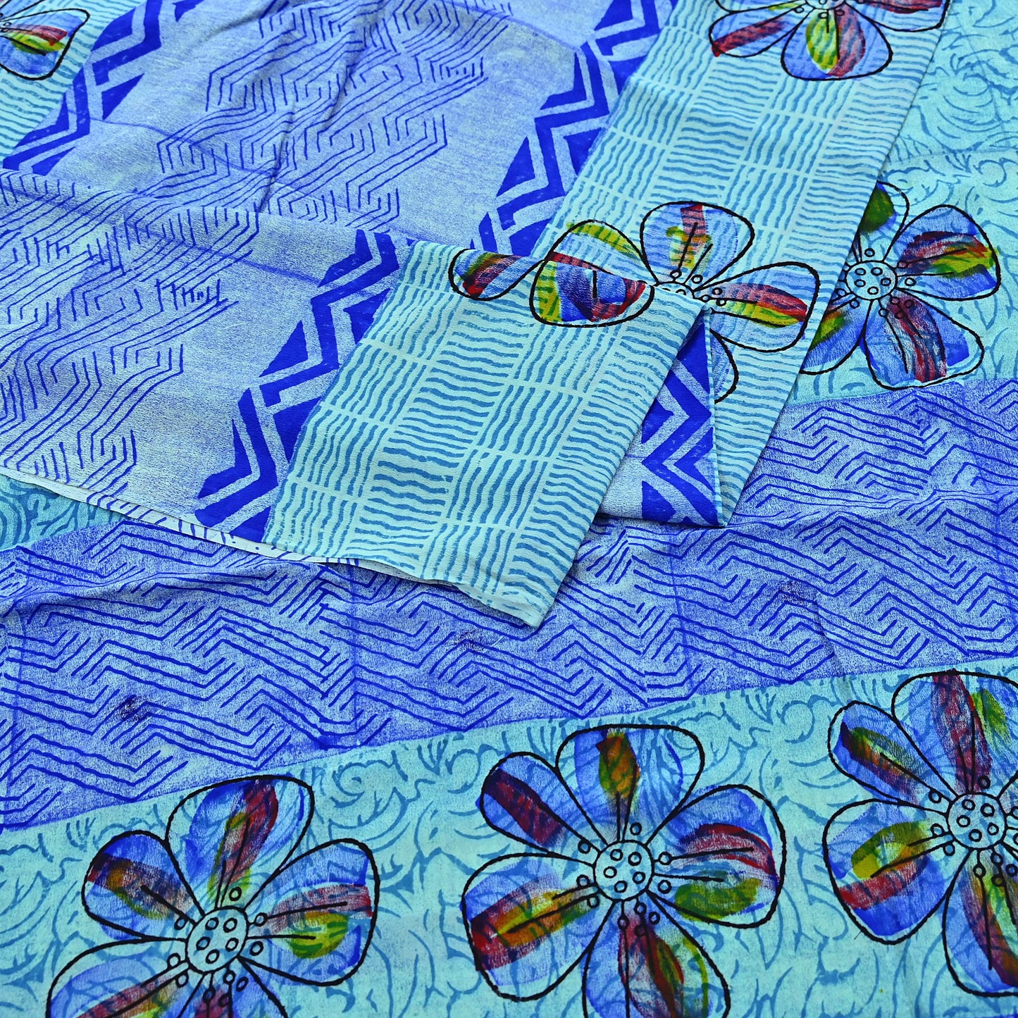 Indian Vintage Sari Green & Blue Pure Crepe Silk Printed Sarees 6yd Sewing Soft Craft Fabric Wrap Dress Making Crafting Quilting Upcycle