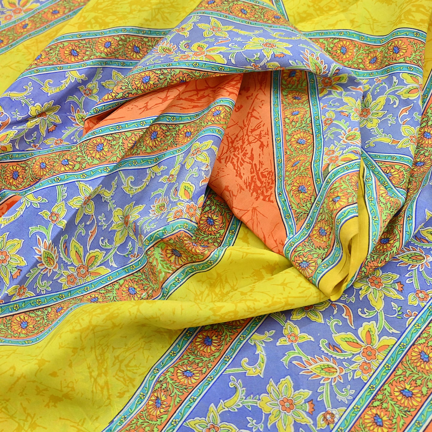 Indian Vintage Sari Yellow Pure Crepe Silk Printed Saree 5yd Sewing Floral Soft Craft Fabric Wrap Dress making Upcycle For Crafting