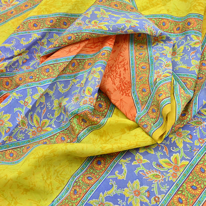 Indian Vintage Sari Yellow Pure Crepe Silk Printed Saree 5yd Sewing Floral Soft Craft Fabric Wrap Dress making Upcycle For Crafting