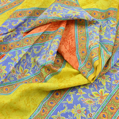 Indian Vintage Sari Yellow Pure Crepe Silk Printed Saree 5yd Sewing Floral Soft Craft Fabric Wrap Dress making Upcycle For Crafting