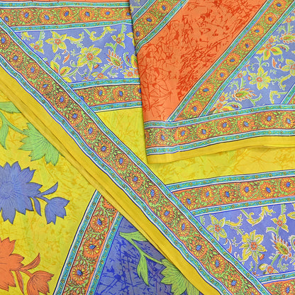 Indian Vintage Sari Yellow Pure Crepe Silk Printed Saree 5yd Sewing Floral Soft Craft Fabric Wrap Dress making Upcycle For Crafting