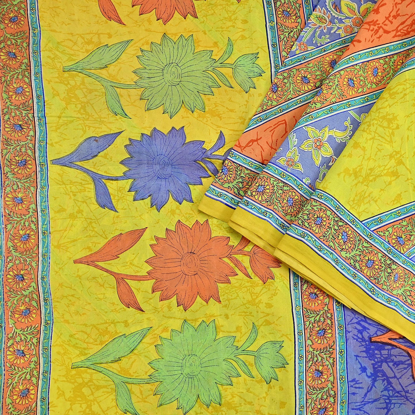 Indian Vintage Sari Yellow Pure Crepe Silk Printed Saree 5yd Sewing Floral Soft Craft Fabric Wrap Dress making Upcycle For Crafting