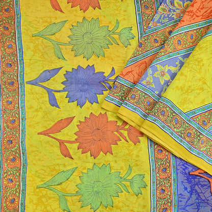 Indian Vintage Sari Yellow Pure Crepe Silk Printed Saree 5yd Sewing Floral Soft Craft Fabric Wrap Dress making Upcycle For Crafting