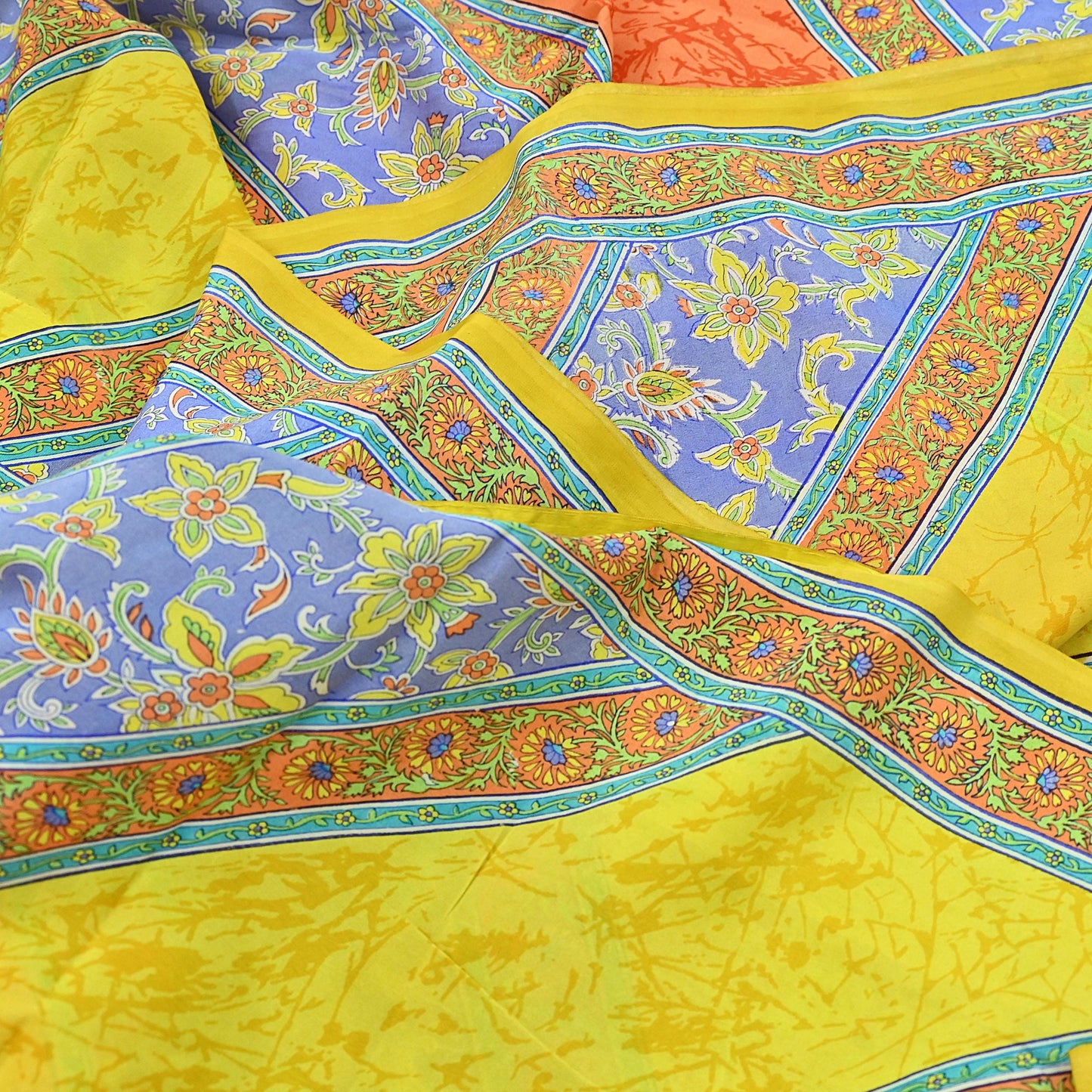 Indian Vintage Sari Yellow Pure Crepe Silk Printed Saree 5yd Sewing Floral Soft Craft Fabric Wrap Dress making Upcycle For Crafting
