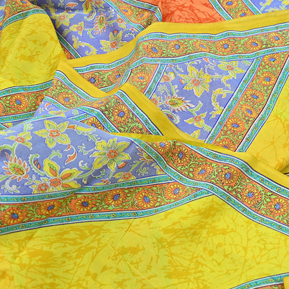 Indian Vintage Sari Yellow Pure Crepe Silk Printed Saree 5yd Sewing Floral Soft Craft Fabric Wrap Dress making Upcycle For Crafting
