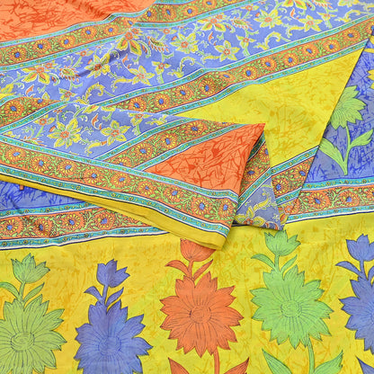 Indian Vintage Sari Yellow Pure Crepe Silk Printed Saree 5yd Sewing Floral Soft Craft Fabric Wrap Dress making Upcycle For Crafting