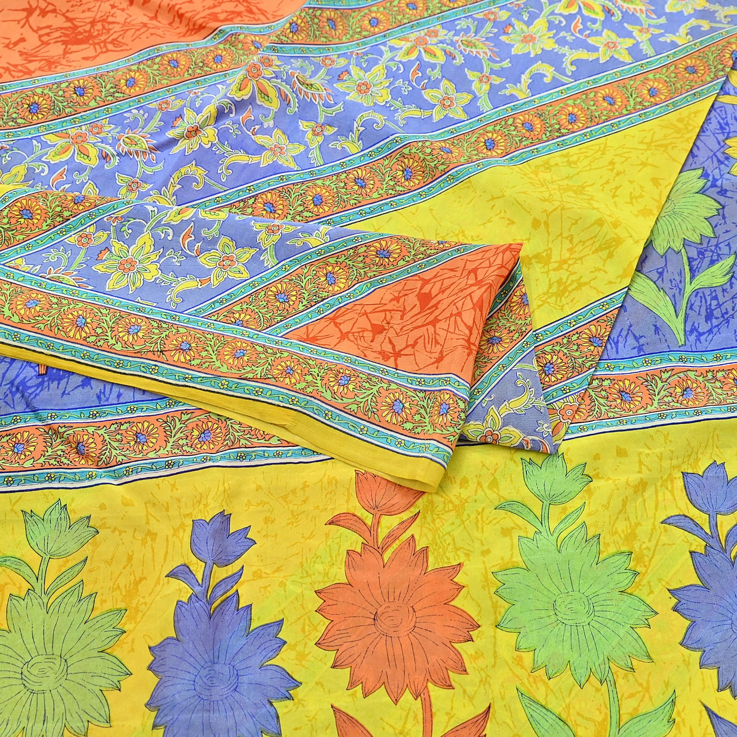 Indian Vintage Sari Yellow Pure Crepe Silk Printed Saree 5yd Sewing Floral Soft Craft Fabric Wrap Dress making Upcycle For Crafting