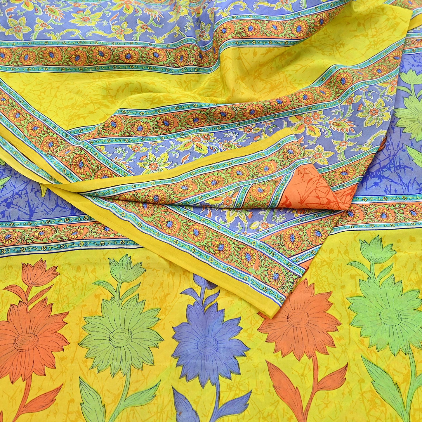 Indian Vintage Sari Yellow Pure Crepe Silk Printed Saree 5yd Sewing Floral Soft Craft Fabric Wrap Dress making Upcycle For Crafting