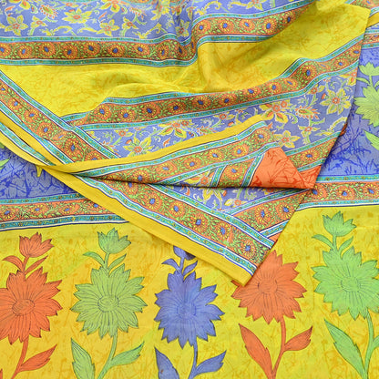 Indian Vintage Sari Yellow Pure Crepe Silk Printed Saree 5yd Sewing Floral Soft Craft Fabric Wrap Dress making Upcycle For Crafting