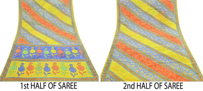 Indian Vintage Sari Yellow Pure Crepe Silk Printed Saree 5yd Sewing Floral Soft Craft Fabric Wrap Dress making Upcycle For Crafting