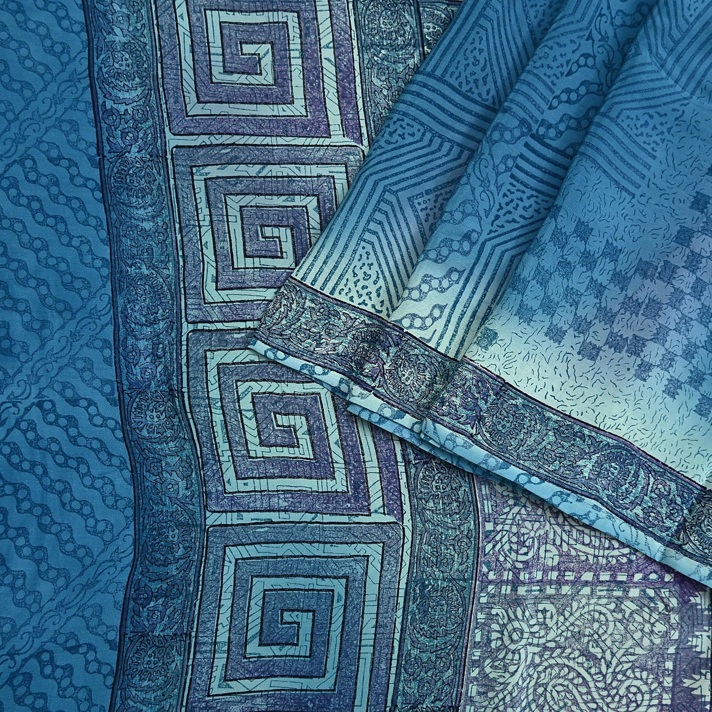 Indian Vintage Sari Blue Pure Crepe Silk Printed Sarees 6yd Sewing Floral Soft Craft Fabric Wrap Dress making Crafting Quilting