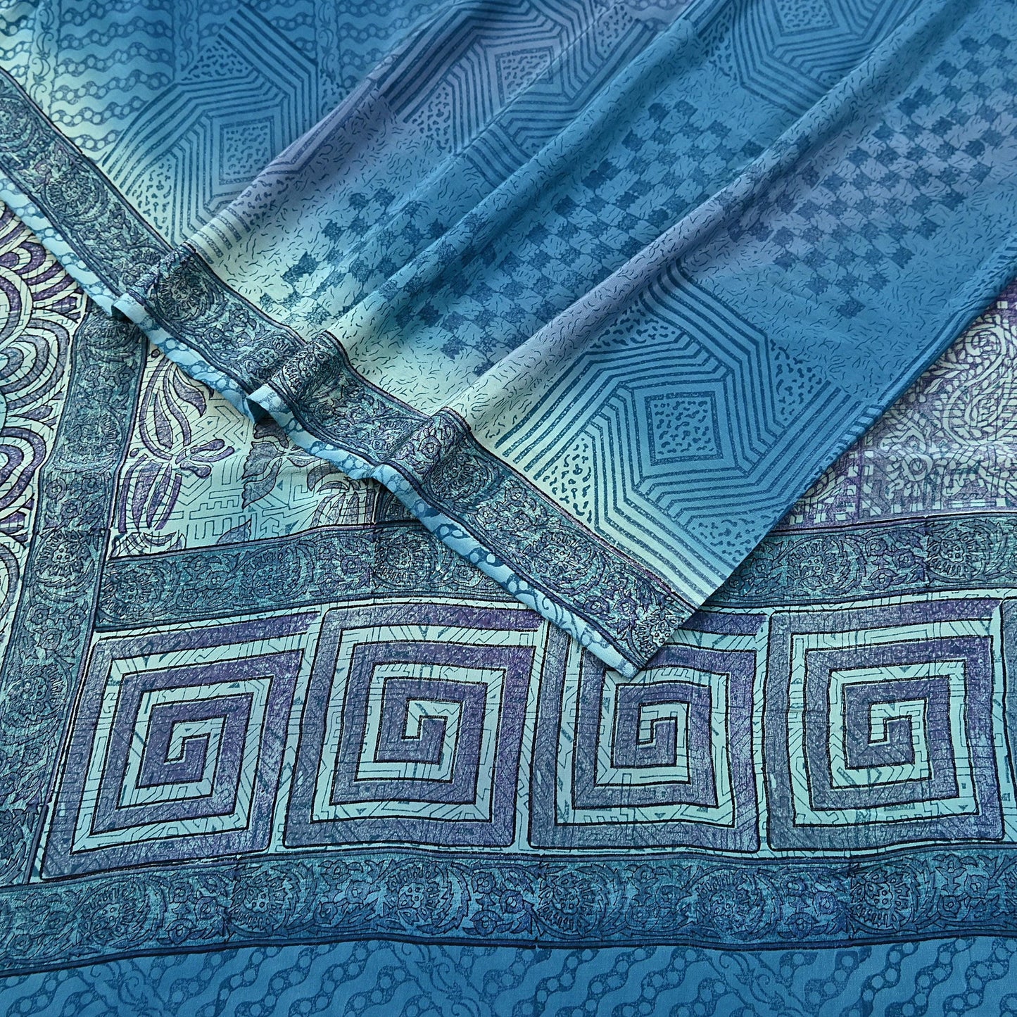 Indian Vintage Sari Blue Pure Crepe Silk Printed Sarees 6yd Sewing Floral Soft Craft Fabric Wrap Dress making Crafting Quilting