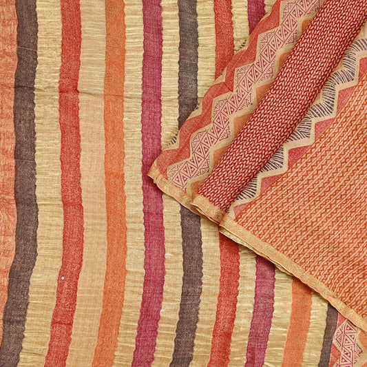 Women Vintage Sari Beige & Orange Pure Georgette Silk Printed Sarees Craft Fabric Sewing 6Yd Soft Dress Making Zari Border Crafting Quilting