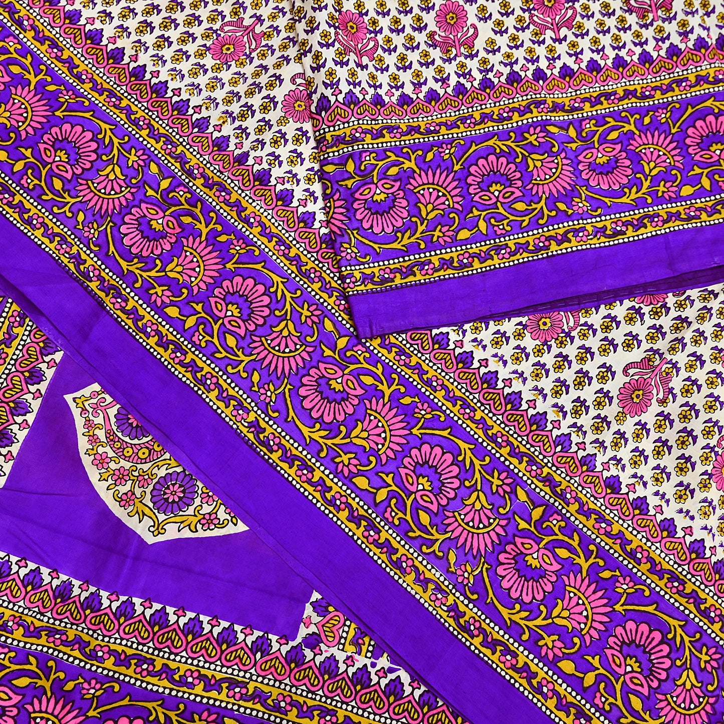 Indian Vintage Sari Ivory & Purple Printed Pure Silk Sarees 5yd Sewing Craft Fabric DressMaking Soft Wrap Upcycle Quilting Crafting Used