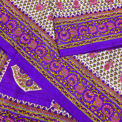 Indian Vintage Sari Ivory & Purple Printed Pure Silk Sarees 5yd Sewing Craft Fabric DressMaking Soft Wrap Upcycle Quilting Crafting Used