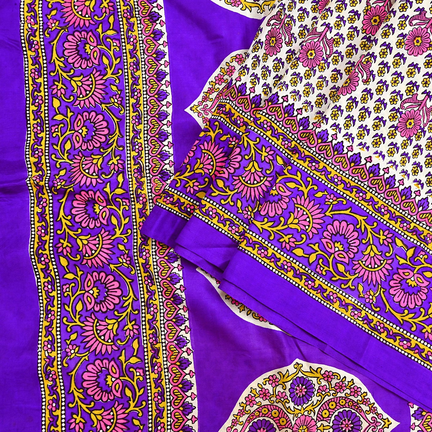 Indian Vintage Sari Ivory & Purple Printed Pure Silk Sarees 5yd Sewing Craft Fabric DressMaking Soft Wrap Upcycle Quilting Crafting Used