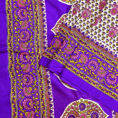 Indian Vintage Sari Ivory & Purple Printed Pure Silk Sarees 5yd Sewing Craft Fabric DressMaking Soft Wrap Upcycle Quilting Crafting Used